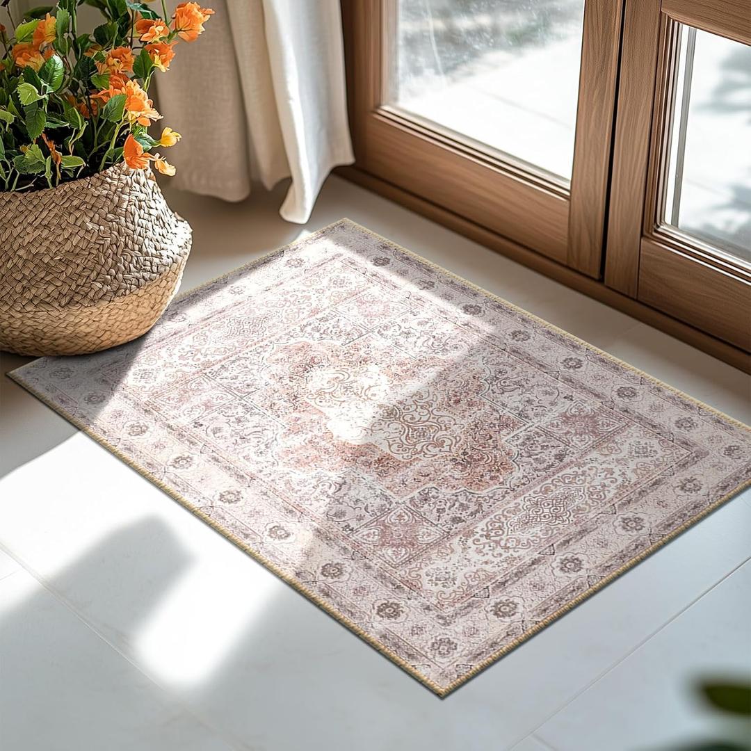 BESTSWEETIE 2x3 Area Rugs Machine Washable No Pile Non Slip Vintage Rugs for Living Room&Bedroom&Dinning Room Bohemian Distressed Carpet Indoor,Pink