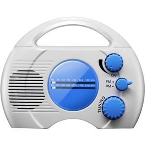 Portable AM/FM Shower Radio, Waterproof Hanging Radio with Built-in Speaker, Adjustable Volume, Battery Operated for Bathroom, Kitchen, Outdoor (Blue+White)