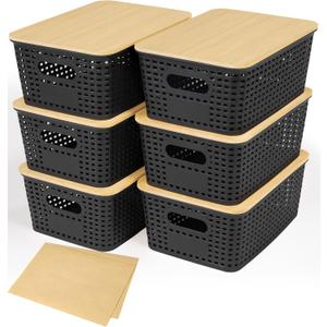 Criusia 6 Pack Plastic Storage Baskets With Bamboo Lid, Stackable Storage Baskets for Organizing Desktop Closet Shelves Drawers Pantry Organization Office Playroom Classroom (Black)