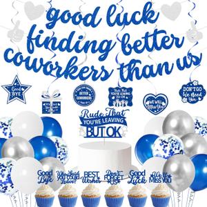 Roetyce Coworker Farewell Decorations, Blue Silver Good Luck Finding Better Coworkers Than Us Banner Cake Toppers Balloons Hanging Swirls, Blue Going Away/Goodbye/Leaving Party Supplies for Job Change