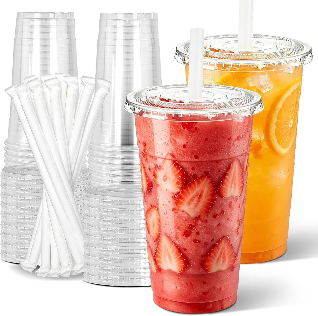 Ginkgo 32 oz Clear Plastic To Go Cups with Lids and Wide Straws, 25 Pack Sturdy & Leak-Proof Disposable Iced Coffee Cups for Smoothies, Boba Tea, Dirty Soda & Cold Drinks