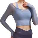 Harssidanzar Women's 2 in 1 Yoga Long Sleeve Mesh Gym Athletic Tops Workout Shirts with Medium Support Sports Bra CL301US (Blue) 
Medium