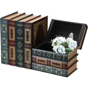 2 Pack Decorative Book Boxes, Wooden Vintage Book Shaped Trinket Box with Lid, Faux Stacked Hollow Books with Hidden Storage, Antique Container for Table Centerpiece, Bookshelf, Library Decor