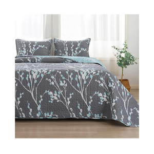 Andency Queen Quilt Bedding Set Grey Blue (96x90 Inch), 3 Pieces Floral Lightweight Bedspread, Microfiber Reversible Flower Quilted Coverlet with 2 Pillowcases for Men Women