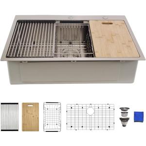 30" x 18" x 9" Drop In Kitchen Sink - Delironexu 16 Gauge Stainless Steel Kitchen Sink Workstation, Single Bowl Deep Top Mount kitchen sink with 6 Accessories Package