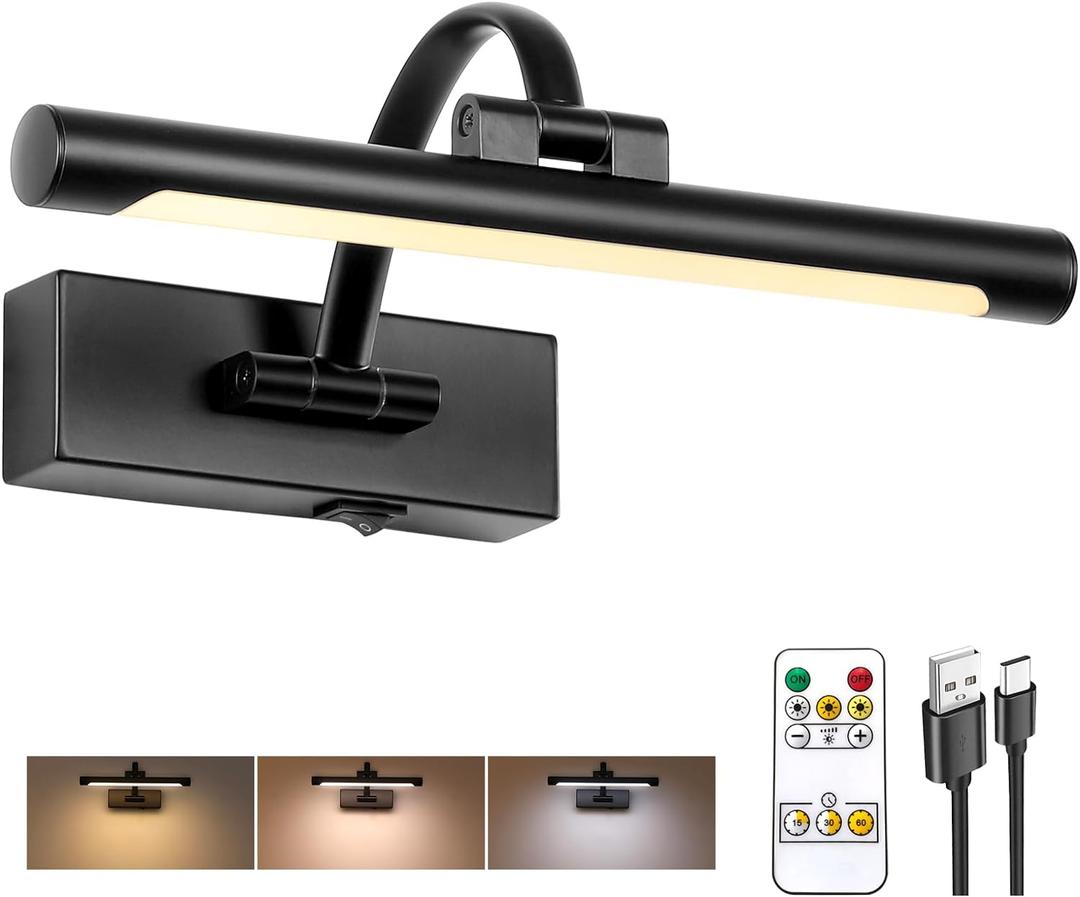 Tassuowell Battery Powered Picture Light with Remote and Timer,Full Metal Art Light with Swing Arm,12 Inch Dimmable,3CCT in One, Rechargeable Wall Lights for Display, Artwork, Canvas,Hallway (Black)