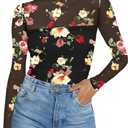 Poetsky Womens Floral Lace Tops Mesh Long Sleeve Shirts Mock Neck Nightout Going Out Top Work Outfits Black XL (XL)
