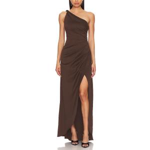 Capuffy Women's Sexy One Shoulder Long Formal Dress Ruched Waist High Split Cocktail Wedding Guest Party Maxi Dress 02 (Brown, L)