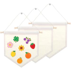 3 Pcs Canvas Banner Blank, Wall Hanging Brooch Pennant Banner Flags Fabric Banners Holder with Wooden Dowels DIY Wall Decor for Enamel Pin Display, Jewelry Organizer, Weddings, Classroom, Gifts