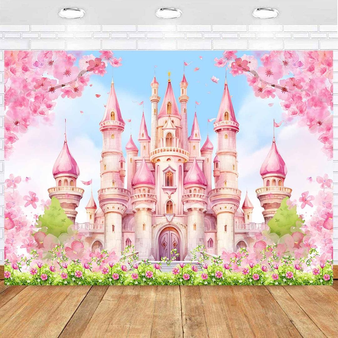 Princess Castle Backdrop for Girl Pink Sakura Floral Pastel Castle Birthday Party Decoration Fantasy Flower Fairy Tale Wonderland Background Princess Baby Shower Banner Photo Props 7x5ft