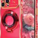 NITITOP Compatible with iPhone 13 Pro Max Case Magnetic Ring Stand [Compatible with MagSafe] Cute for Women Girl Plating Wave Curly Love Heart Camera Protection Girly Luxury Phone Cover - Rose Red (iPhone 13 Pro Max, Rose Red)