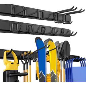 64 Inches Garage Storage, Garage Organization, Wall Mount Garden Tool Organizer, Max 620lbs Adjustable Metal Hooks, Yard Shed Rack, Tool Holder for Hanging Rake Broom Mop Snowboard, Home Gift (64" Alloy Steel, Black)