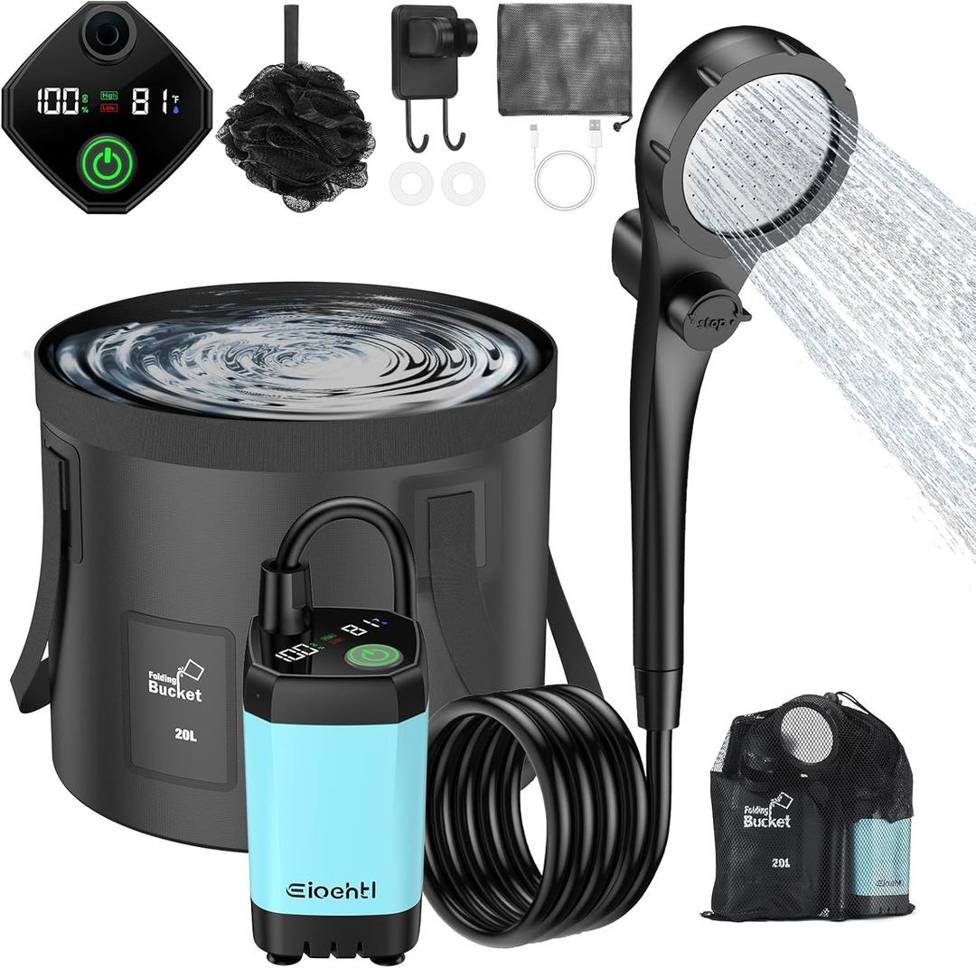 Portable Camping Shower, 6000mAh with LED Display, Camp Shower with 5 Gallons CollapsibleBucket, 3 Spray Modes for Hiking, Travel, Car, Pet