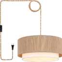 Plug in Pendant Light, 18 Rattan Plug in Chandelier with 15.7FT Light Cord, Hanging Light with Handwoven Hemp Rope Lampshade for Living Room Bedroom Kitchen