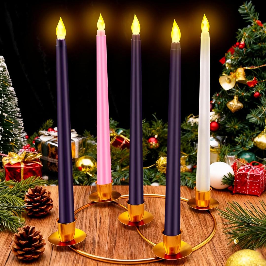 5PCS Flameless Advent Candle Set with Gold Wreath Candle Holder Christmas Advent Candles Purple Pink White 10 Inch Taper Flameless Candles for Christmas Table Centerpiece Fireplace Home Church Decor