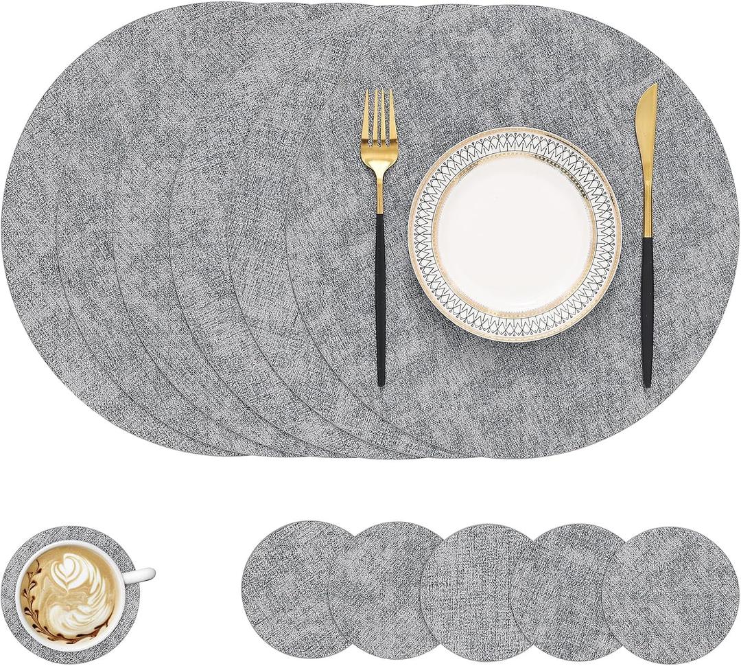 homing Round Faux Leather Placemat and Coaster 6 Packs, Washable Heat Resistant Dining Place Mats, Wipeable Double-Sided Table Mats for Indoor and Outdoor, Diameter 13 and 3.93 inch, Light Grey, 13", Round 6pcs