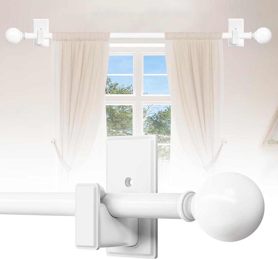 TKZTKZ Curtain Rods No Drilling, 18-28 Inch Adjustable No Drill Curtain Rod with Adhesive Brackets, 5/8" Renter Friendly Stick On Rod for Apartments, Bedroom, RV, Heavy Duty 20-30 lbs, White