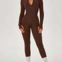 OLCHEE Womens Long Sleeve Workout Jumpsuit Seamless Ribbed Tummy Control Yoga Bodycon Zip Up One Piece Unitard Sculpt Rompers (Brown, S)