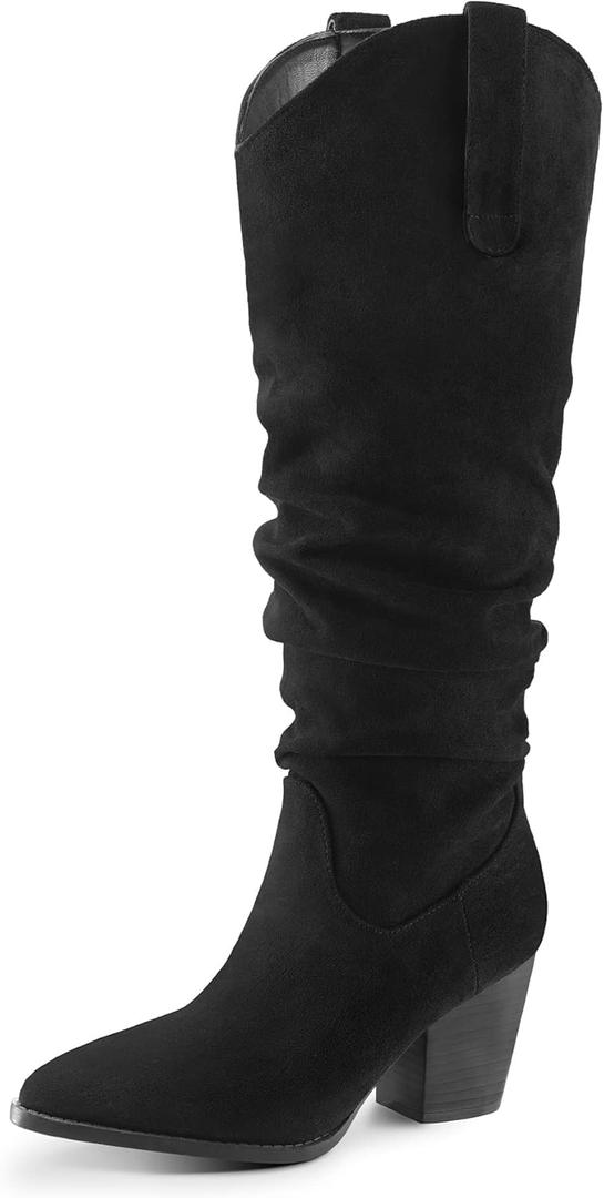 mysoft Women's Cowboy Knee-High Boots Pointed Toe Mid Chunky Heel Pull On Slouchy Boots with Zippers (9.5, Black)