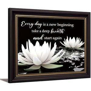 Dark Brown Frame Zen White Lotus Canvas Wall Art On In Water Blooming White Lotus Picture Wall Decor Spiritual Meditation Poster Print Painting for Modern Yoga Spiritual Spa Home Decoration