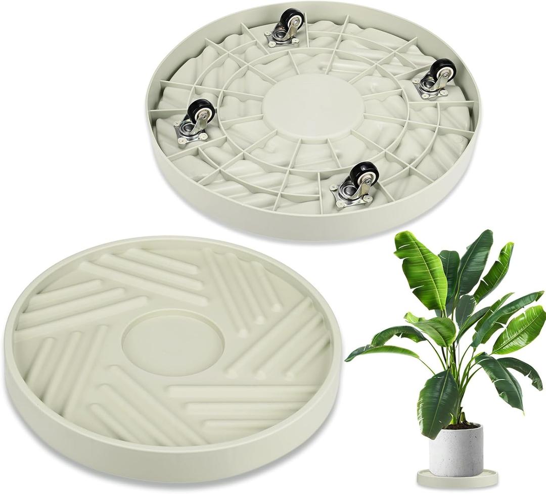 M METERXITY 1PCS Round Planter Caddies, 14 Inches Plastic Plant Roller with Wheel, Plant Saucers for Indoors, Plant Stand for Flower Pots [Beige]
