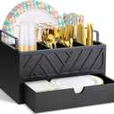 Paper Plate Dispenser with Drawer, Paper Plate Holder for Kitchen Counter, Wood Rustic Silverware Utensil Caddy, Cutlery Flatware Organizer for Cup Spoon Fork Plates Napkins, Black Kitchen Accessories