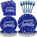 Grencian 96Pcs Blue and Silver Birthday Party Decorations Silver Polka Dots on Blue Paper Plates and Napkins Disposable Tableware for Women Men Birthday Party Graduation Decorations 2026 Serves 24