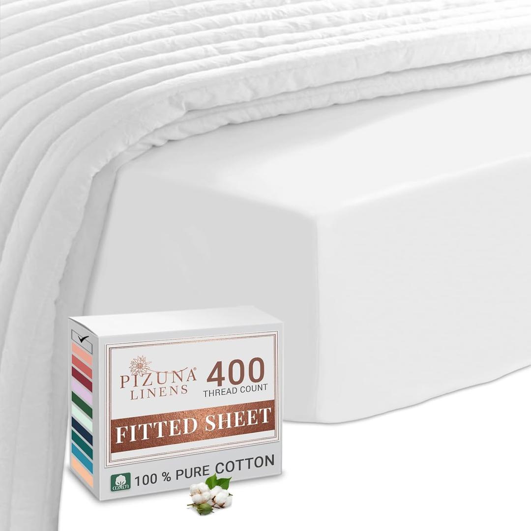 Pizuna Pure 100% Cotton King Fitted Sheet Only, Luxurious 400 Thread Count Long Staple Cotton Sateen Weave 15" Deep Pocket Fitted Sheet (Combed White King Fitted Sheet Cotton)