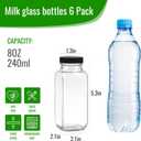 8 oz Glass Juice Bottles with Lids,6 PACK Bottles for Juicing,Square Drinking Jars Glass for Coffee,Cola,Milk,Tea in Travel,Work,School