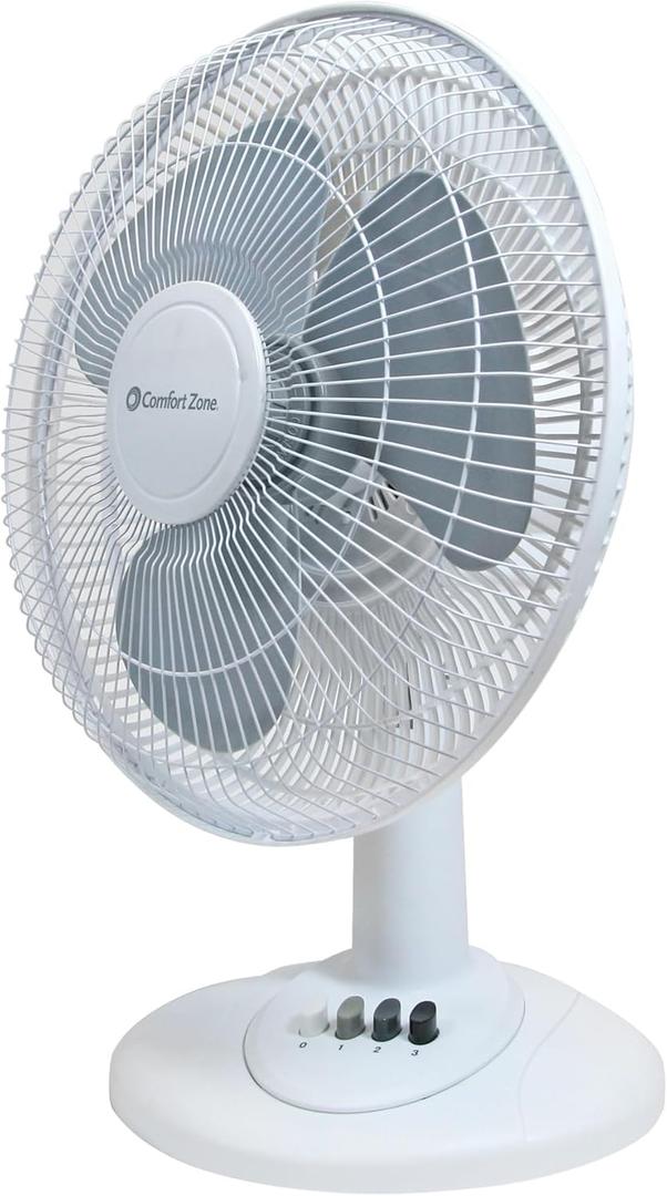Comfort Zone Oscillating Table Fan with Adjustable Tilt, Convenient Push Button Controls, Quiet, 16 inch, 3 Speed, Desk Fan, Airflow 15.75 ft/sec, Ideal for Home, Bedroom, Dorm & Office, CZ161WT
