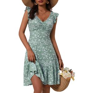 MSBASIC Women's Floral Sundress Teen Petite Summer Ruffle Cap Sleeve V Neck Ruched Mini Dress (M)
