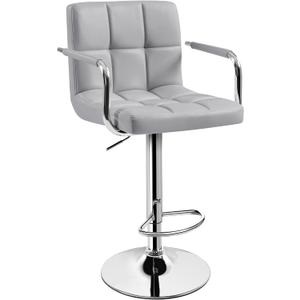 Yaheetech Bar Stools, PU Leather Adjustable Swivel Barstools, Hydraulic Kitchen Counter Height Bar Chairs with Armrest and Back for Kitchen, Dining Room, Light Grey