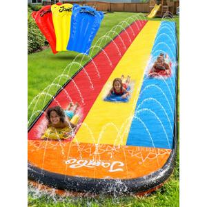 JAMBO Premium Triple Water Slide with 3 Bodyboards, 20Ft Heavy Duty Slip Splash and Slides-Advanced 3-Way Sprinkler System, Splash Pad Mat Backyard Summer Outdoor Water Toys n Long Slides for Kids