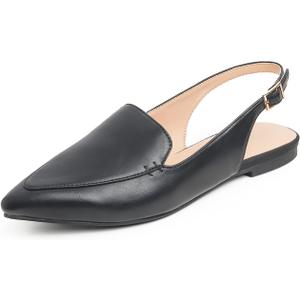 FEVERSOLE Pointed Toe Casual Slingback Flat Mules Women's Fashion Buckle Strap Slide Summer Slippers (6.5, Black Plain Vegan Leather)