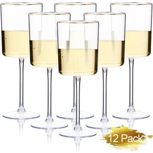 Ciaell 12 Pack Plastic Wine Glasses - 10 Oz Plastic Wine Glasses with Stem - Gold Rim Disposable Cups for Parties & Weddings & Poolside & Toasting & Outdoors