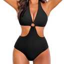 AI'MAGE Women's One Piece Swimsuits Tummy Control O Ring Cutout High Waisted Bathing Suit Tie Back Swimwear, Large