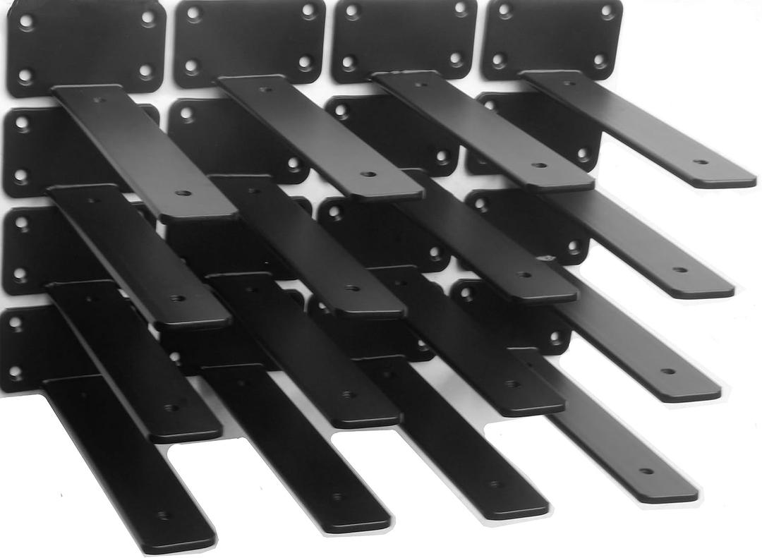 16 Pack - 8 inch Black Hidden L Shelf Bracket (1/5 Inch Thicked) Iron Floating Shelf Brackets Rustic Industrial Metal Brackets for Shelf Support