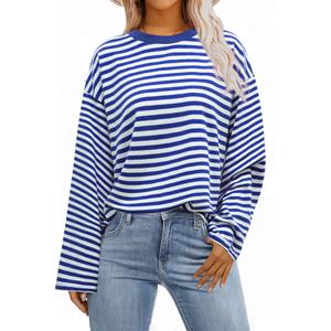 ZTMZA Womens Oversized Striped Long Sleeve Shirt Crewneck Sweatshirt Color Block Loose Pullover Top Teen Girl Y2K Clothes Blue Stripe Medium (Blue, M)
