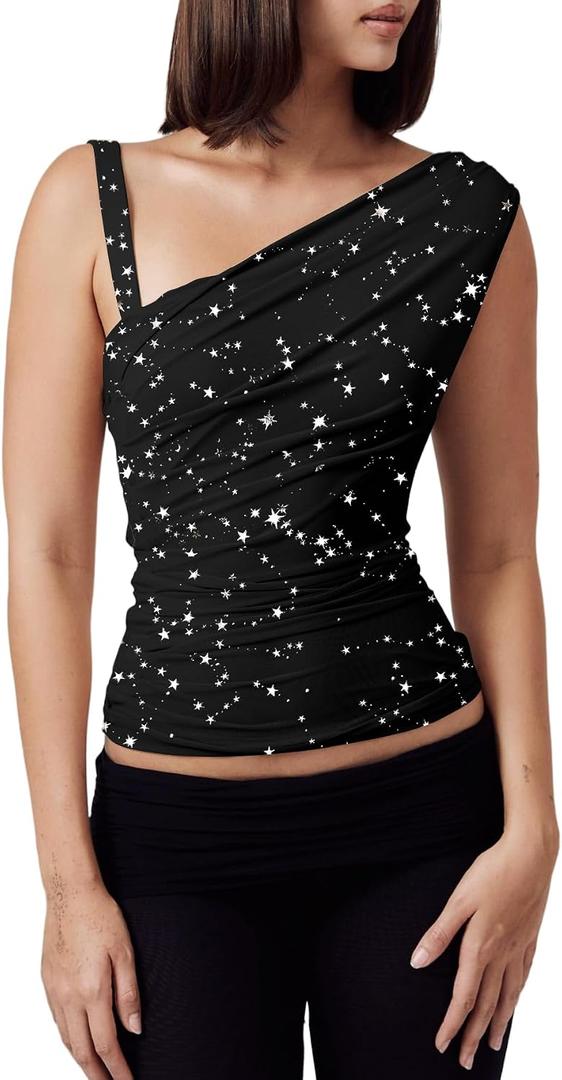 Women One Shoulder Top Ruched Mesh Crop Tank Slim Fit Shirt Glitter M