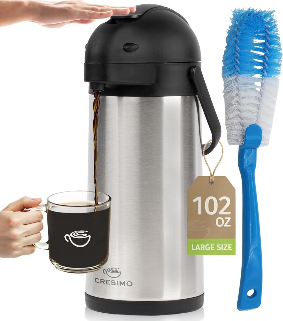 Coffee Carafe Airpot & Cleaning Brush - 101oz / 3L Airpot 12 Hours Hot Water Dispenser or 36 Hours Cold Drink Dispenser with Pump - Easy Dispensing Coffee Carafes for Keeping Hot Extra Large - Cresimo (102 Ounces)