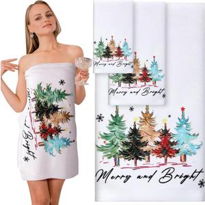 3 Size Christmas Tree Hand Towel and Bath Towel Set, Soft & Absorbent Microfiber, Colorful Christmas Trees Decorative Washcloths for Seasonal Decor Bathroom Xmas Gift