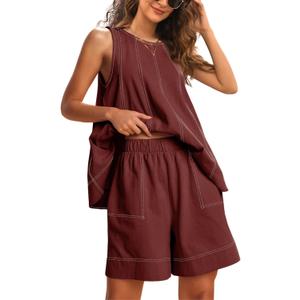 Gozoloma Womens 2 piece Outfits Sleeveless Matching Sets A Line Tank Tops Contrast Stitching High Waist Shorts with Pockets (Medium, W1ne)