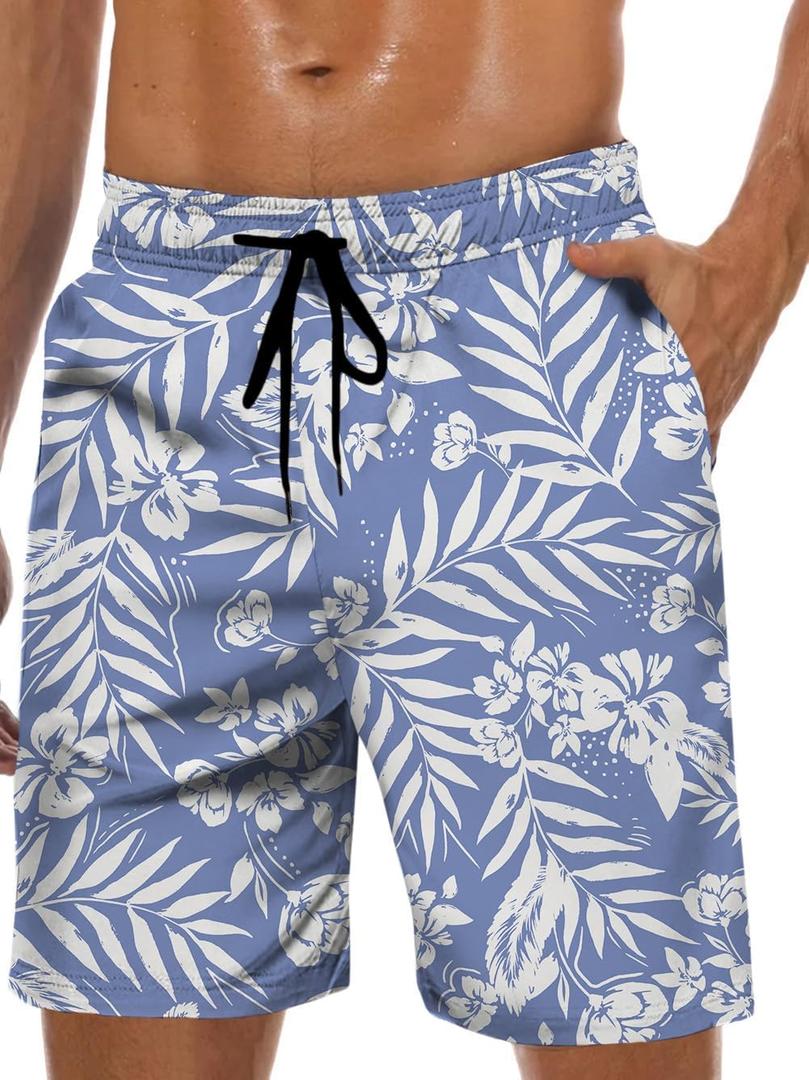Men's Swim Trunks Hawaiian Bathing Mesh Lining Suit Swimsuits Beach Shorts with Pockets (X-Large, Blue-White Flower)