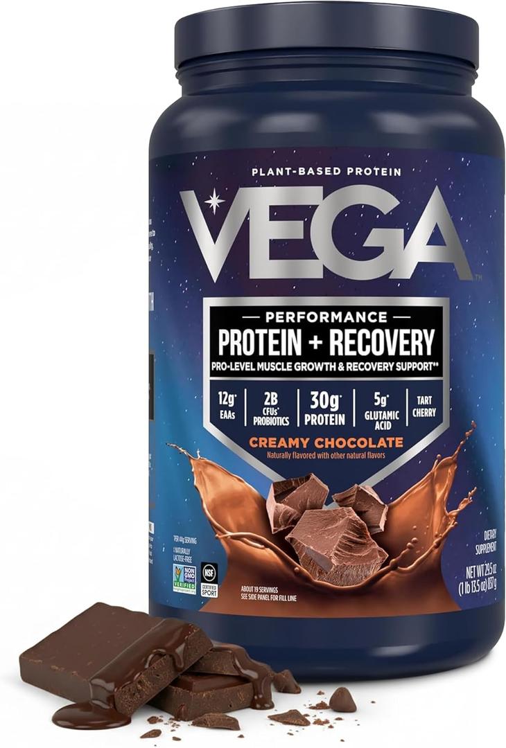 Vega Sport Vegan Protein Powder + Recovery - 30g Plant Based Protein per Serving, Chocolate, 19 Servings, 5g BCAAs, Probiotics, NSF Certified, for Shakes & Smoothies, 1.8lbs (Packaging May Vary)