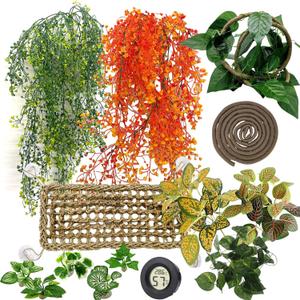 Tfwadmx 15Pcs Bearded Dragon Tank Accessories, Reptile Plants, Reptile Hammock, Lizard Habitat Decor with Terrarium Plants Hygrometer for Geckos Snakes Chameleons (Type2)