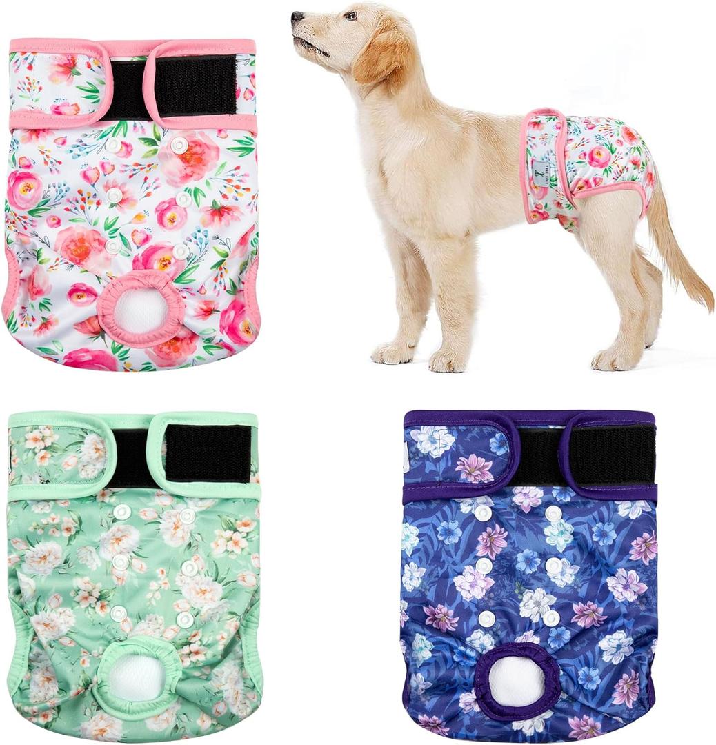 3Pack Dog Diapers Female,Washable Diaper for Doggie,Highly Absorbent Reusable Dog Diaper,Adjustable Leakproof Puppy Girl Dog Diapers for Heat,Incontinence,Period Doggy Nappies (M(12"-15"Waist), Purple)