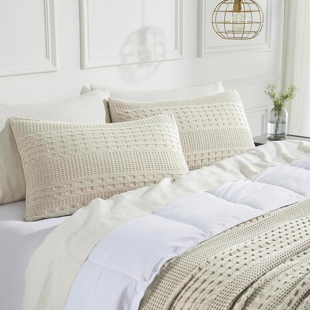 VHC Brands 100% Cotton Waffle Weave Natural Queen Size Sham Set of 2 20x30, Decorative Throw Pillow Covers/Shams, Boho Farmhouse Bedroom Decor