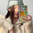 Jusy Compatible with iPhone 12, Colorful Retro Oil Painting Printed Flower Laser Glossy Pattern Cute Curly Wave Phone Case Soft TPU Cover for Girly Women - Green Yellow