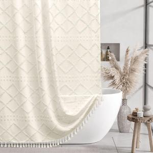 Cream Boho Woven Fabric Shower Curtain, 72 x 72 Tufted Chevron Textured Striped Modern Farmhouse Minimalist Cloth Curtain for Bathroom