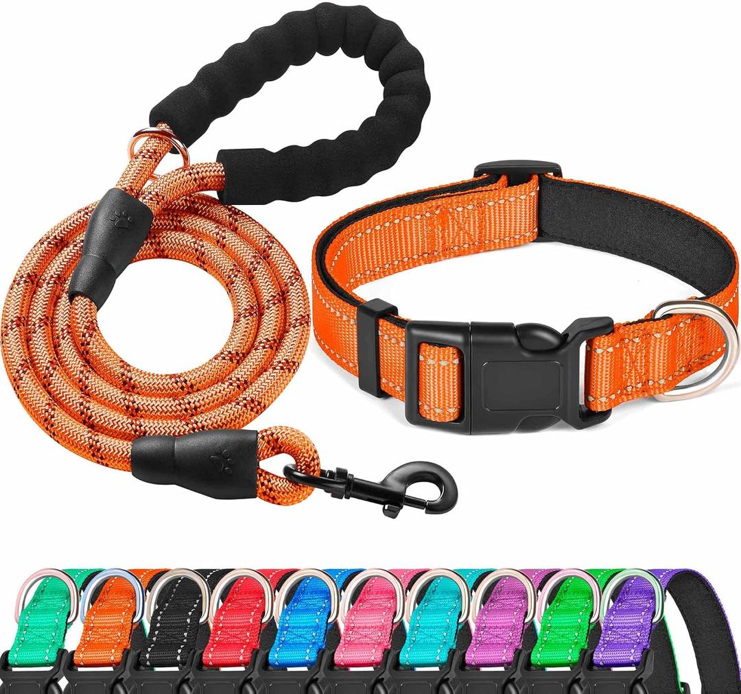 Ladoogo Reflective Dog Collar Padded with Soft Neoprene Breathable Adjustable Nylon Dog Collars for Small Medium Large Dogs (Medium (Pack of 1), Orange Collar+Leash)